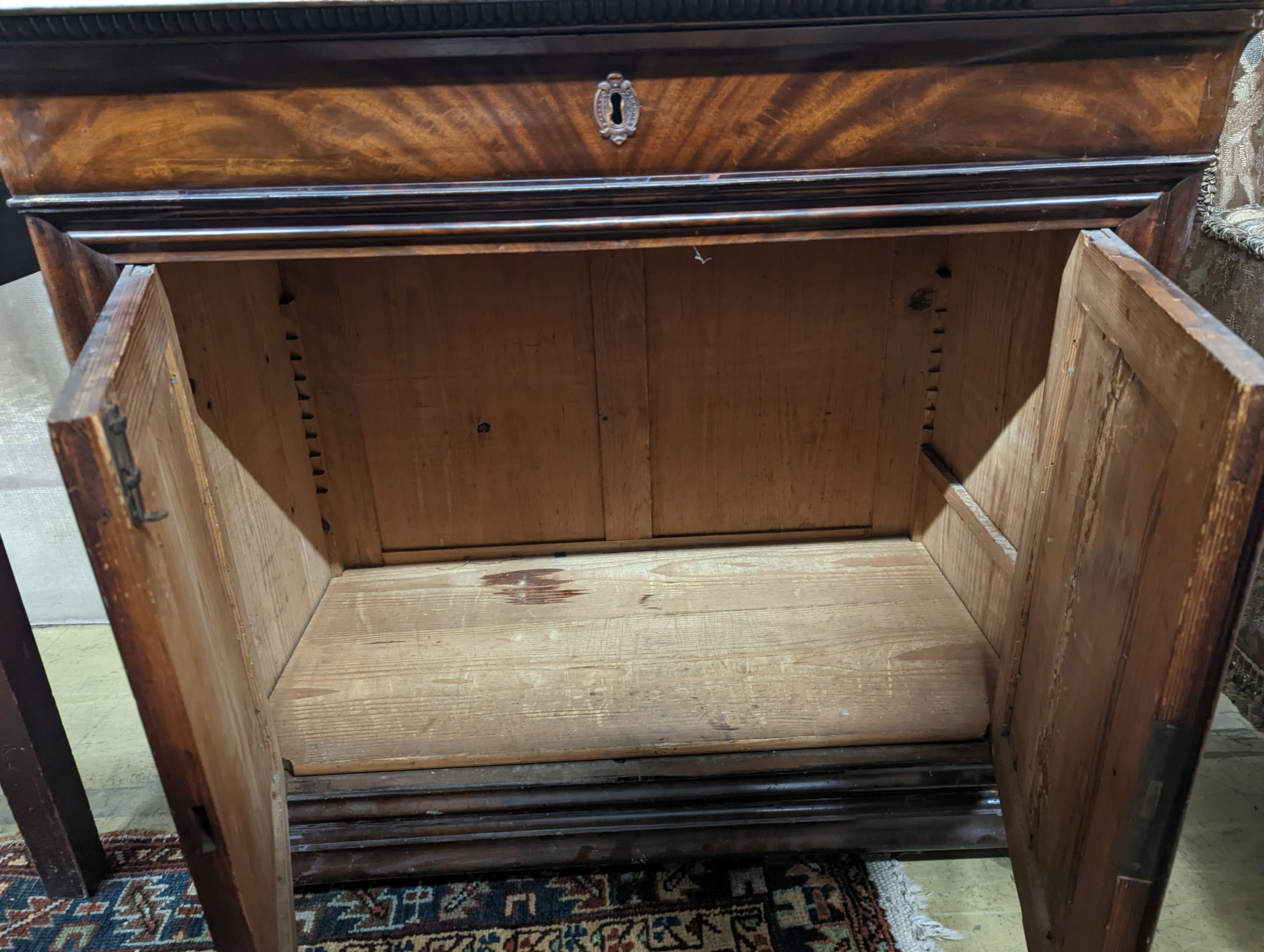 A 19th century French marble-topped mahogany side cabinet, width 92cm, depth 52cm, height 86cm